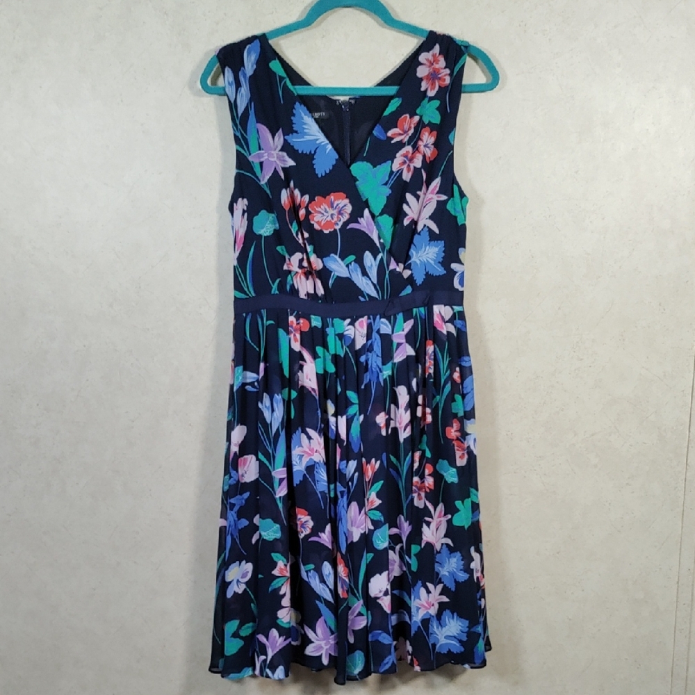 7109 Talbots navy w/multi-color floral print mock wrap dress PS